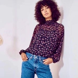 Elizabeth and James Sheer Pink Floral Blouse Medium Black Flowy Smock Mock Neck